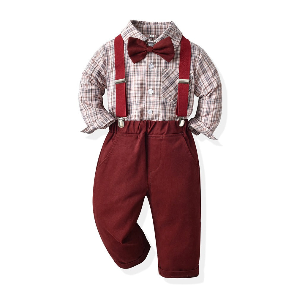 Boys' Suit Long Sleeve Suspenders Cotton Shirt set