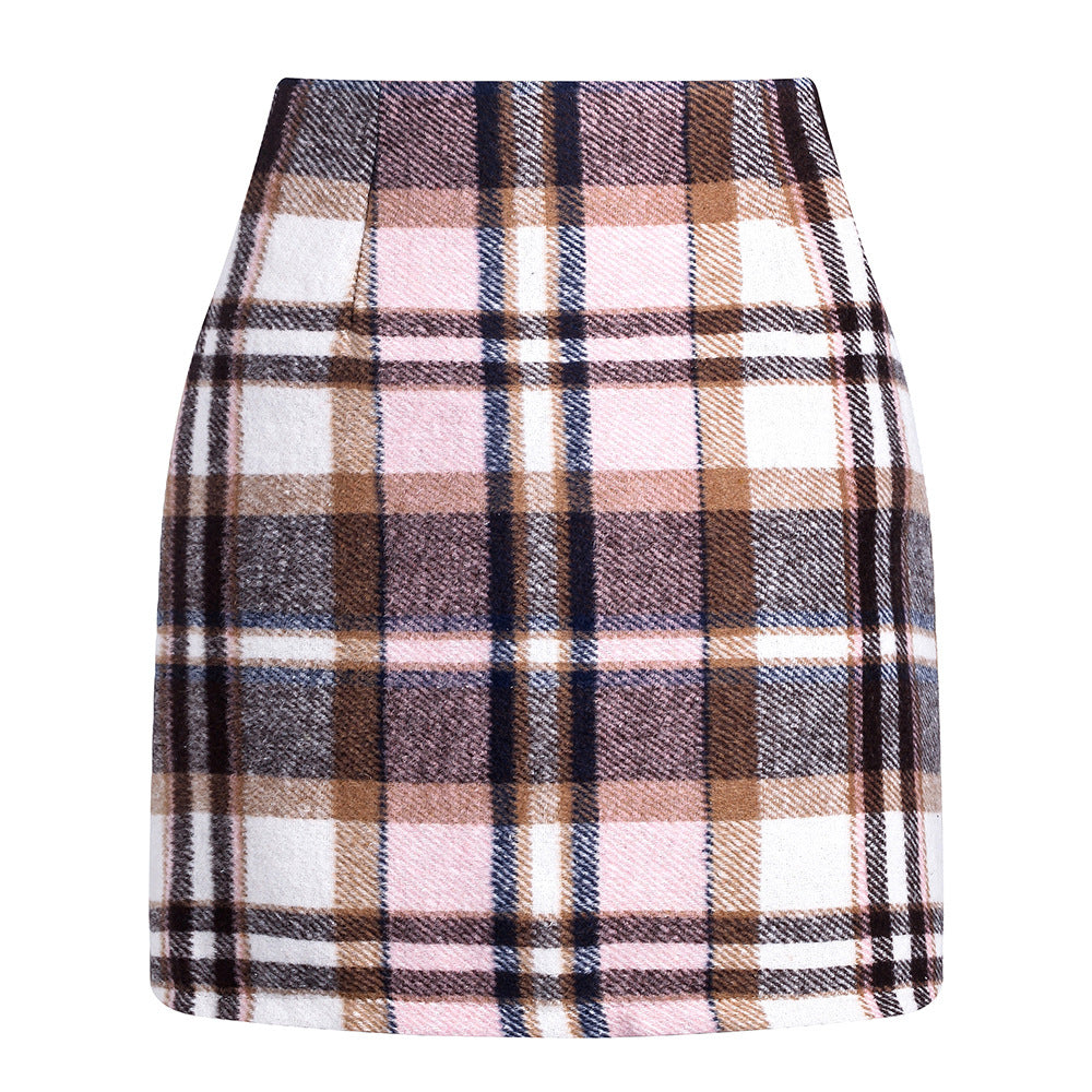 Women's high waisted plaid pencil wool mini skirt