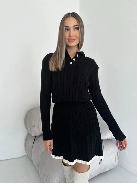 Women Long Sleeved Knitted Sweater Mini Skirt Two-piece Set