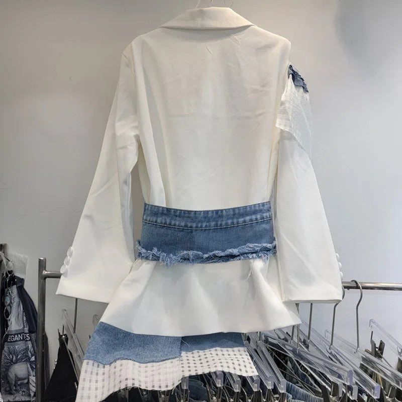 Denim patchwork single shoulder hollowed out loose Shirt