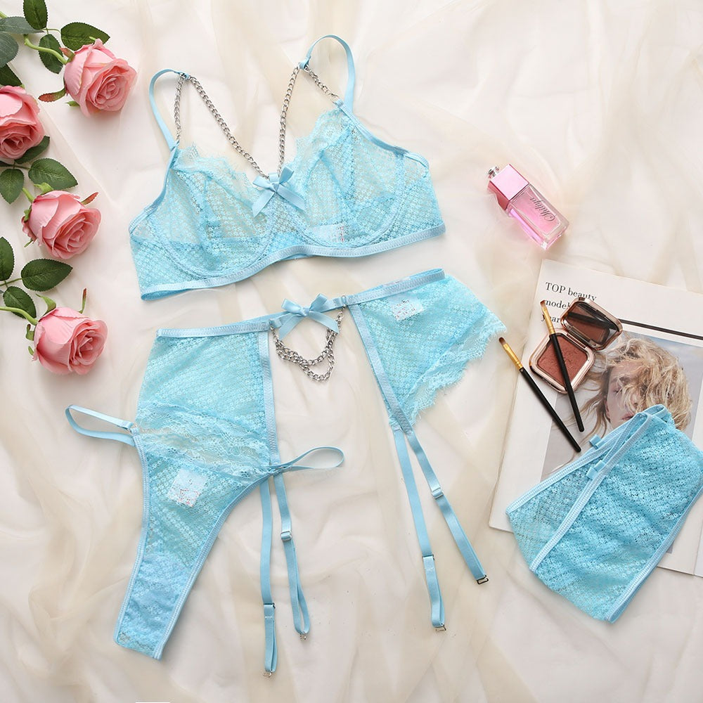 Eyelash Lace Chain Bowknot Waist Closure Lingerie Set