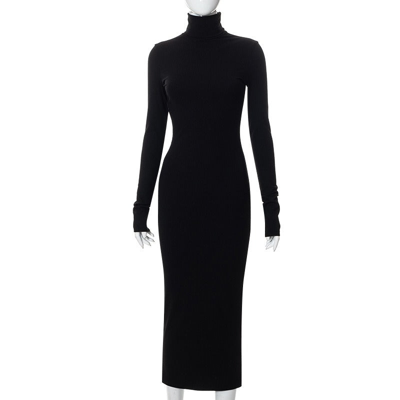 Women collar long sleeved slim fitting threaded long dress