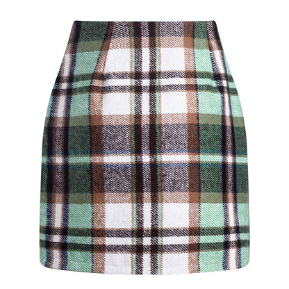 Women's high waisted plaid pencil wool mini skirt