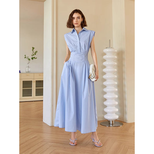 Women Blue polo collar sleeveless shirt dress