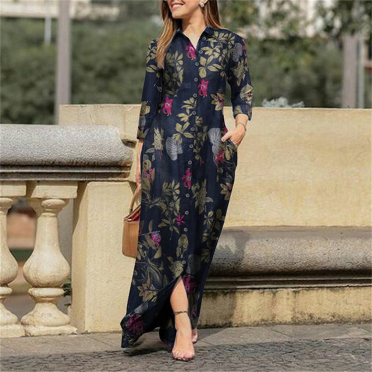 Elegant Long sleeve Floral Print Cotton Dress