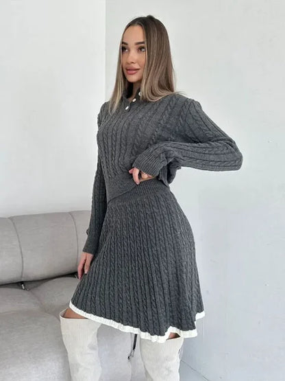 Women Long Sleeved Knitted Sweater Mini Skirt Two-piece Set