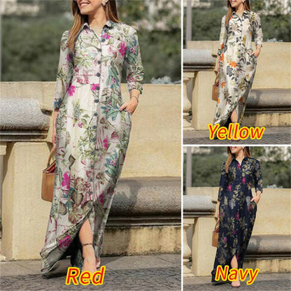 Elegant Long sleeve Floral Print Cotton Dress