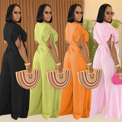 Women V-Neck Belted Wide-Leg Jumpsuit