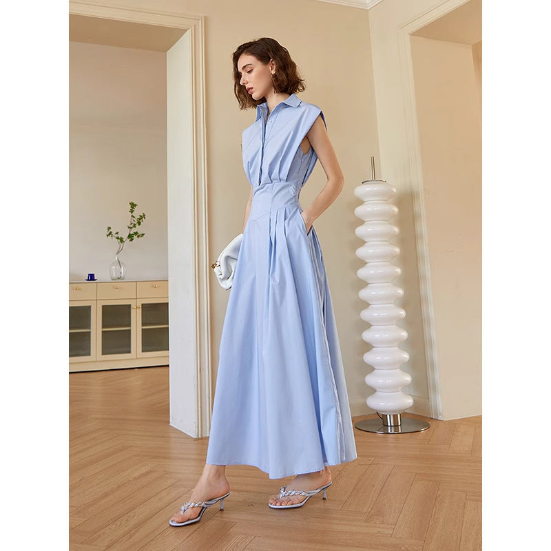 Women Blue polo collar sleeveless shirt dress