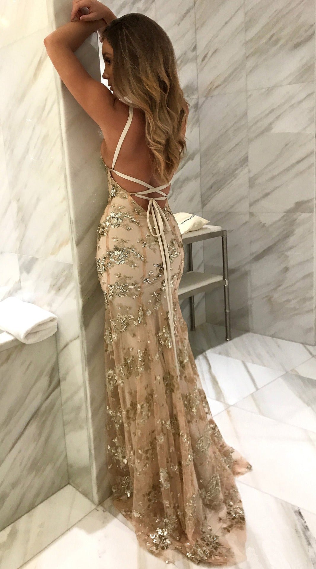 Women's V-neck backless sequin lace up dress