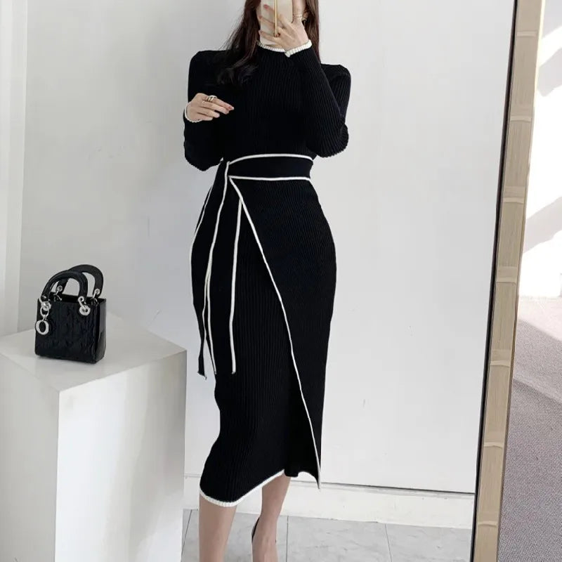 Women Full Sleeve O-neck Belted Sweater Dresses