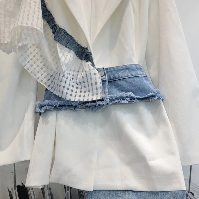 Denim patchwork single shoulder hollowed out loose Shirt