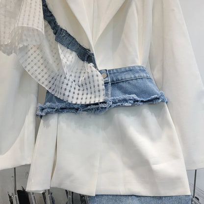 Denim patchwork single shoulder hollowed out loose Shirt