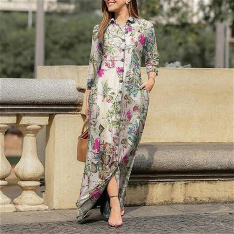 Elegant Long sleeve Floral Print Cotton Dress