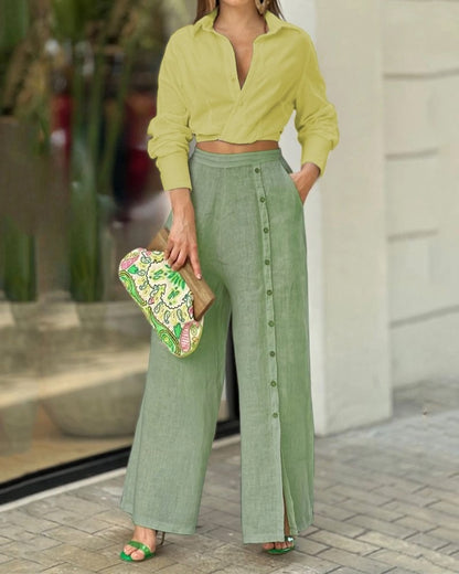 Women Casual Solid Colour Lapel Shirt Loose Pants Two Piece Set