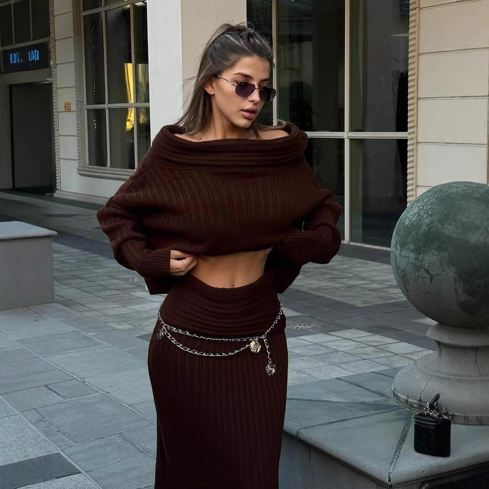 Women Elegant Off Shoulder Winter Knitted Two Piece Set