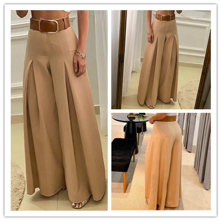 New French Vintage High Waist Folded Wide Leg Trousers