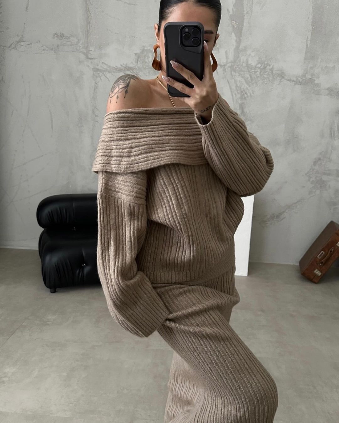 Women Elegant Off Shoulder Winter Knitted Two Piece Set