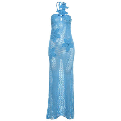 Women's Elegant knitted hollow out sleeveless hanging neck tie slim fit dress