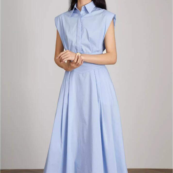 Women Blue polo collar sleeveless shirt dress