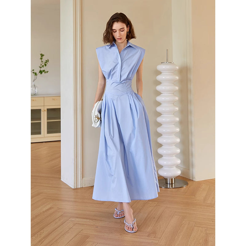 Women Blue polo collar sleeveless shirt dress