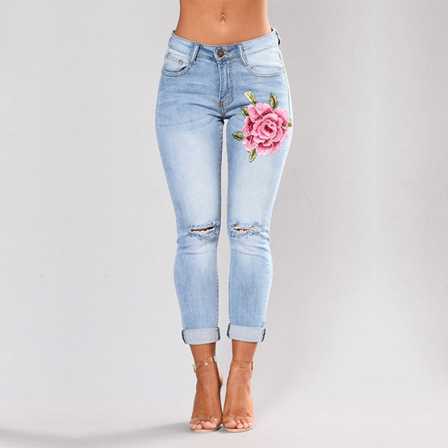 Women Flower print Stretch Embroidered Jeans