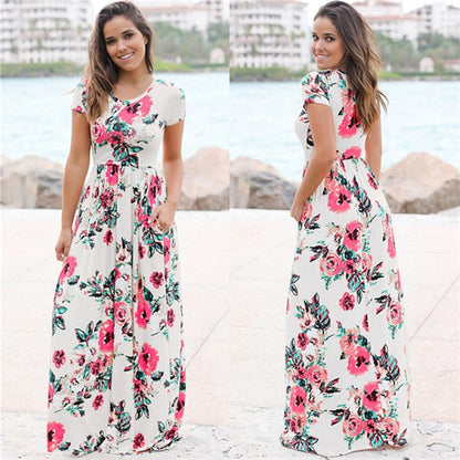 Women Long Maxi Dress Summer Floral Print Boho Beach Dress Short Sleeve Evening Party Dress Tunic Vestidos Plus Size XXXL