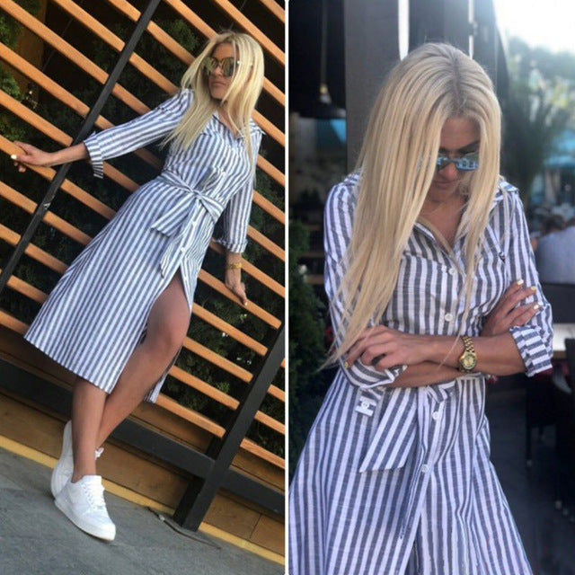 Women Vintage Sashes Blue Striped A-line Party Dress Three Quarter Sleeve Turn Down Collar Casual Dress