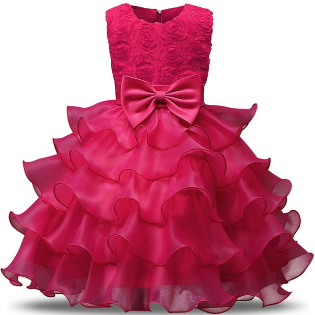 Elegant Pink Ruffle Dress for Girls - Floral Design with Bow | Perfect for Parties & Special Occasions"