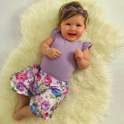 3PCS Infant Kid Baby Girl Fly Sleeve Purple Romper+Flowers Print Shorts Headband Summer Outfit Set age 0-18M