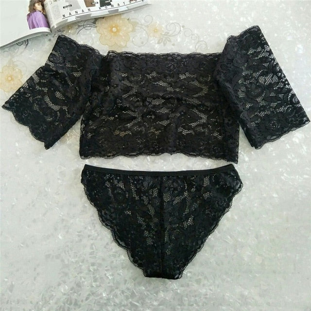 Women's 1 Set Bra Set Sexy Lingerie Lace Tank Top Female Hollow-out Wrap Chest Underwear Nightwear G-string Panties Brief Set