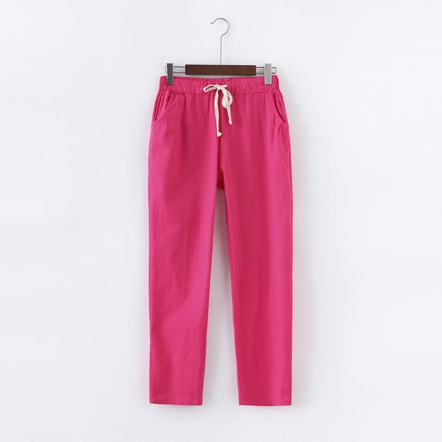 Candy Colours Pants Women Lace Up Cotton Linen Sweatpants