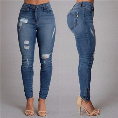 Women Button Ripped Zipper Jeans