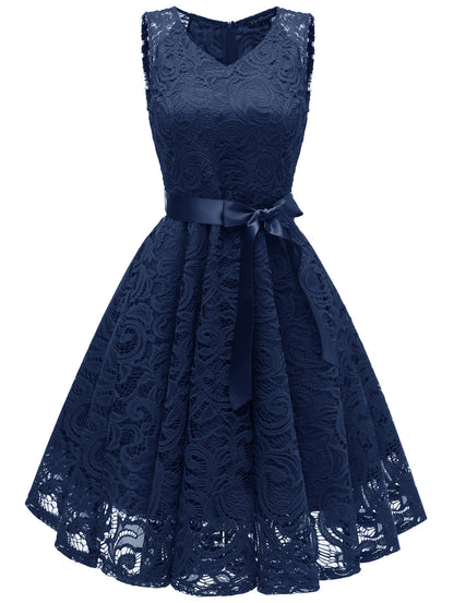 Women V Neck Lace A Line Sleeveless Dress