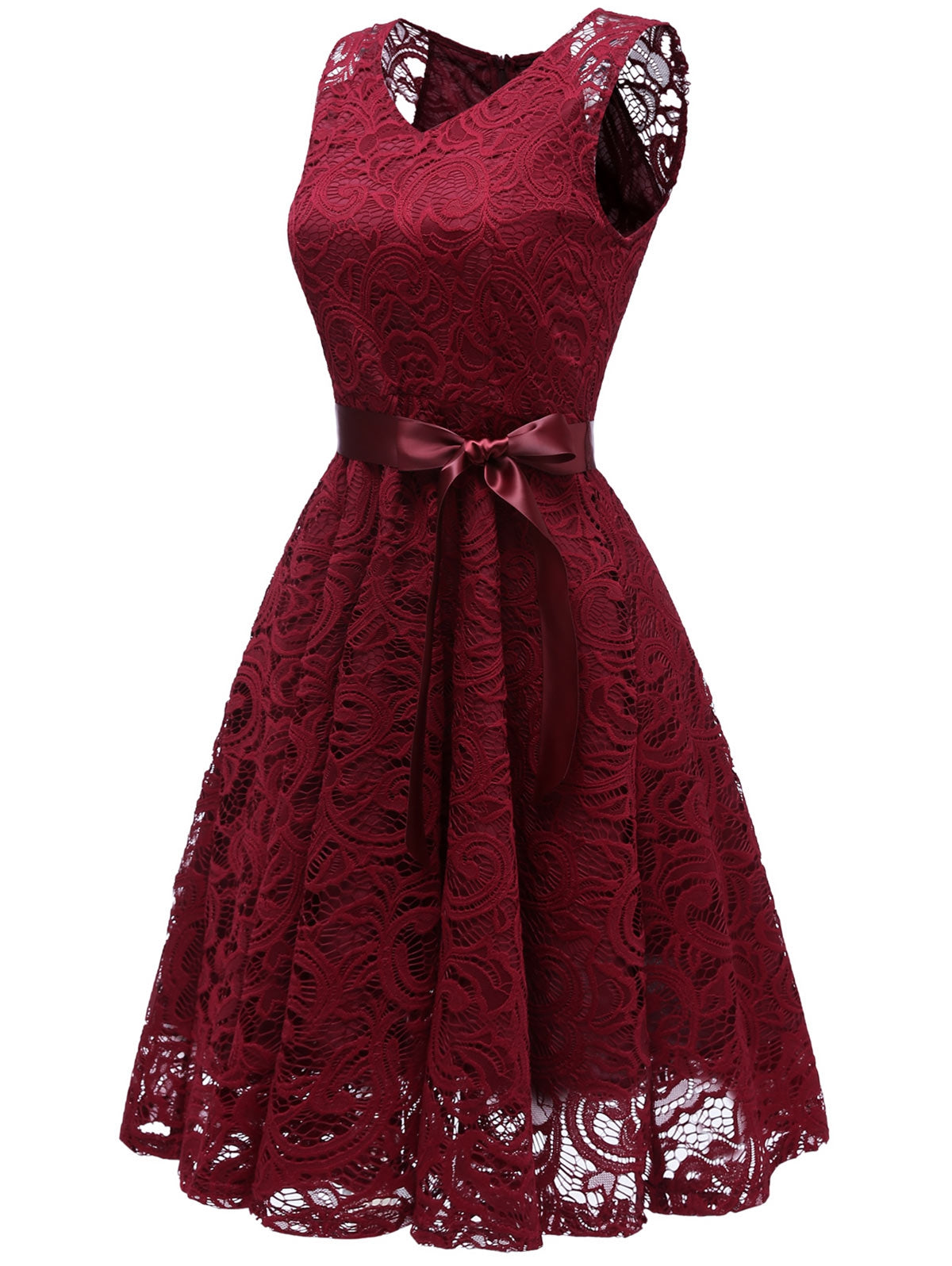 Women V Neck Lace A Line Sleeveless Dress