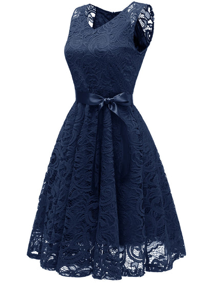 Women V Neck Lace A Line Sleeveless Dress