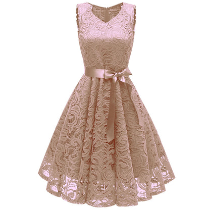 Women V Neck Lace A Line Sleeveless Dress