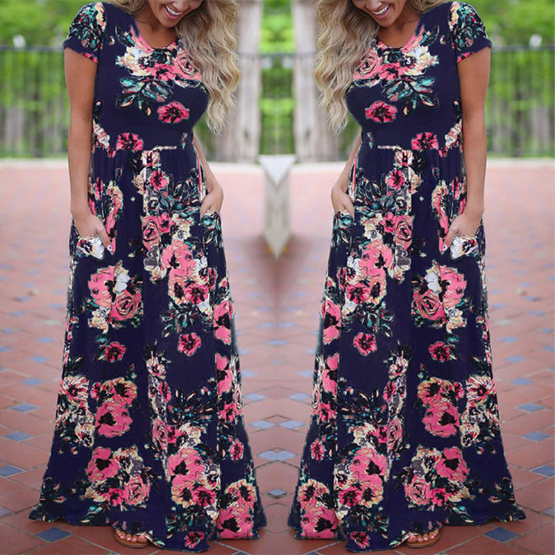 Women Long Maxi Dress Summer Floral Print Boho Beach Dress Short Sleeve Evening Party Dress Tunic Vestidos Plus Size XXXL