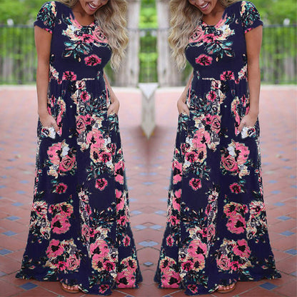 Women Long Maxi Dress Summer Floral Print Boho Beach Dress Short Sleeve Evening Party Dress Tunic Vestidos Plus Size XXXL