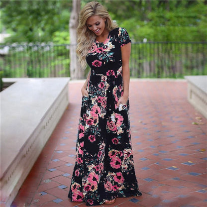 Women Long Maxi Dress Summer Floral Print Boho Beach Dress Short Sleeve Evening Party Dress Tunic Vestidos Plus Size XXXL