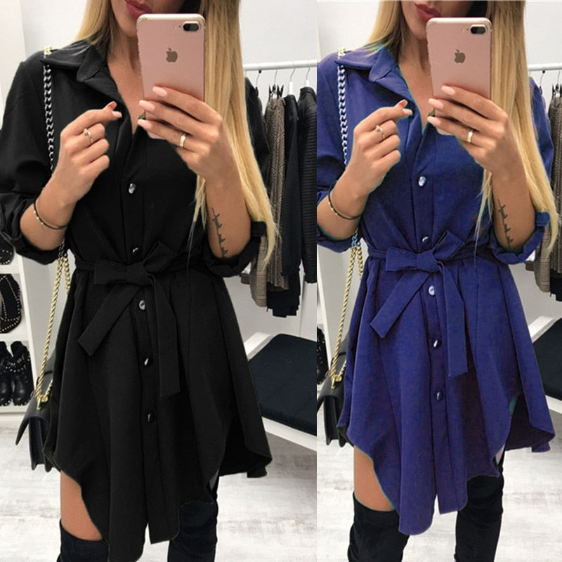 Women wrap dress Long sleeve turn down collar short mini dresses