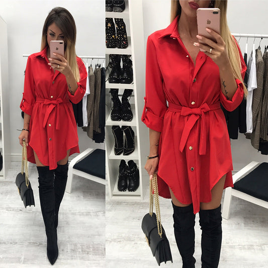 Women wrap dress Long sleeve turn down collar short mini dresses