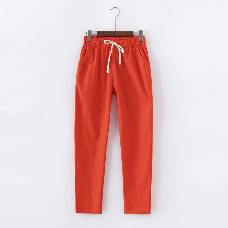 Candy Colours Pants Women Lace Up Cotton Linen Sweatpants