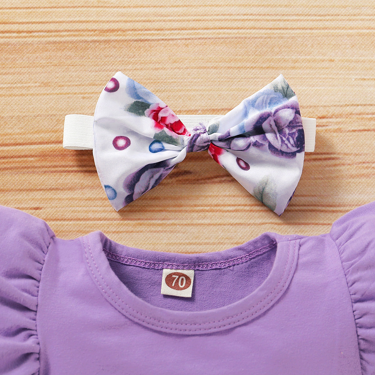 3PCS Infant Kid Baby Girl Fly Sleeve Purple Romper+Flowers Print Shorts Headband Summer Outfit Set age 0-18M