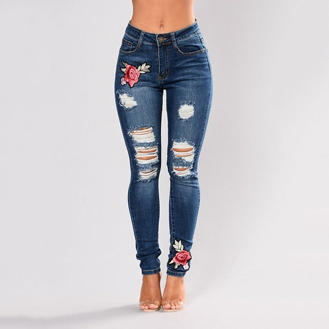 Women Flower print Stretch Embroidered Jeans