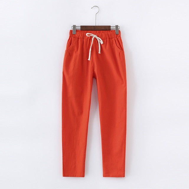 Candy Colours Pants Women Lace Up Cotton Linen Sweatpants