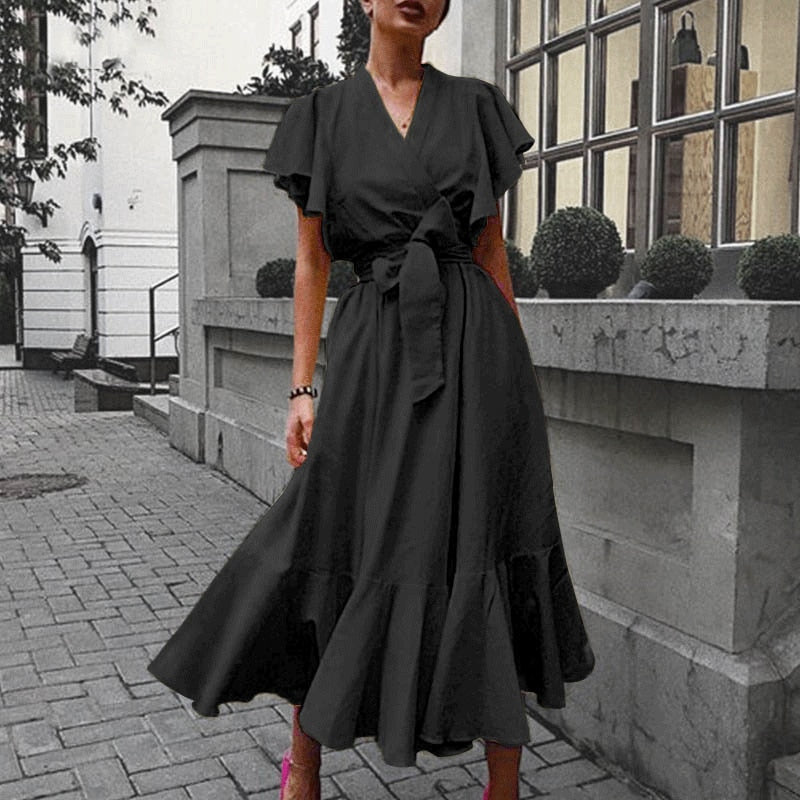 Women Vintage V-neck Ruffle Party Dress Spring High Waist Lace-up Bow Long Dress Summer Butterfly Short Sleeve A-Line Dress