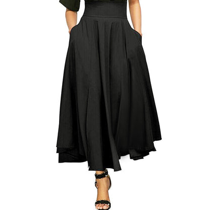 Women High Waist Pleated Belted  Vintage Maxi Skirt