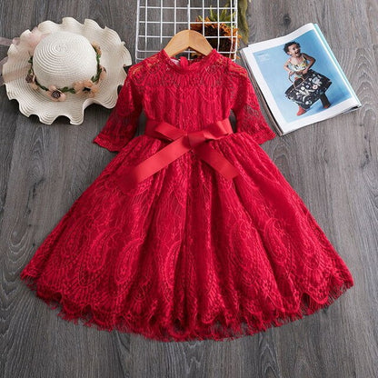 Red Kids Dresses For Girls Flower Lace Tulle Dress Wedding Little Girl Ceremony Party Birthday Dress Children Autumn Clothing