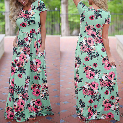 Women Long Maxi Dress Summer Floral Print Boho Beach Dress Short Sleeve Evening Party Dress Tunic Vestidos Plus Size XXXL